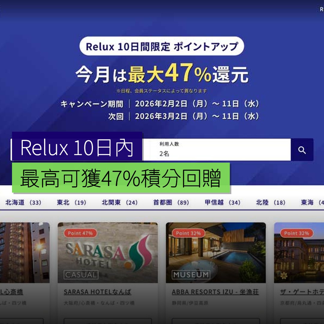 Relux 10日內最高可獲 47% 積分回贈 - 精選圖片