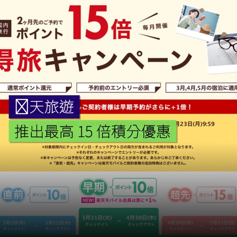 楽天旅遊推出最高 15 倍積分優惠 楽天旅遊推出最高 15 倍積分優惠