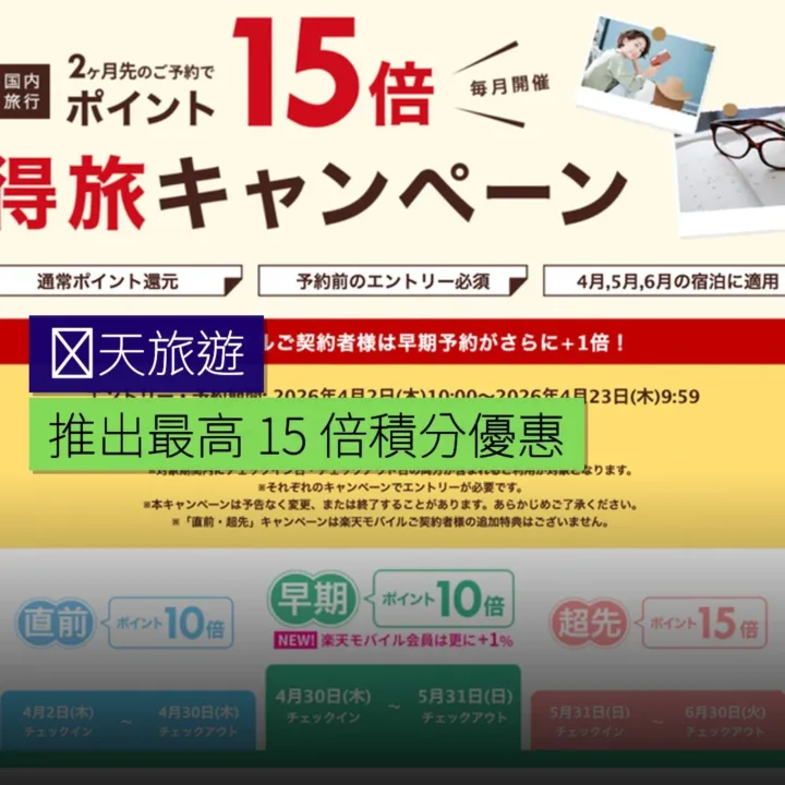 楽天旅遊推出最高 15 倍積分優惠 楽天旅遊推出最高 15 倍積分優惠
