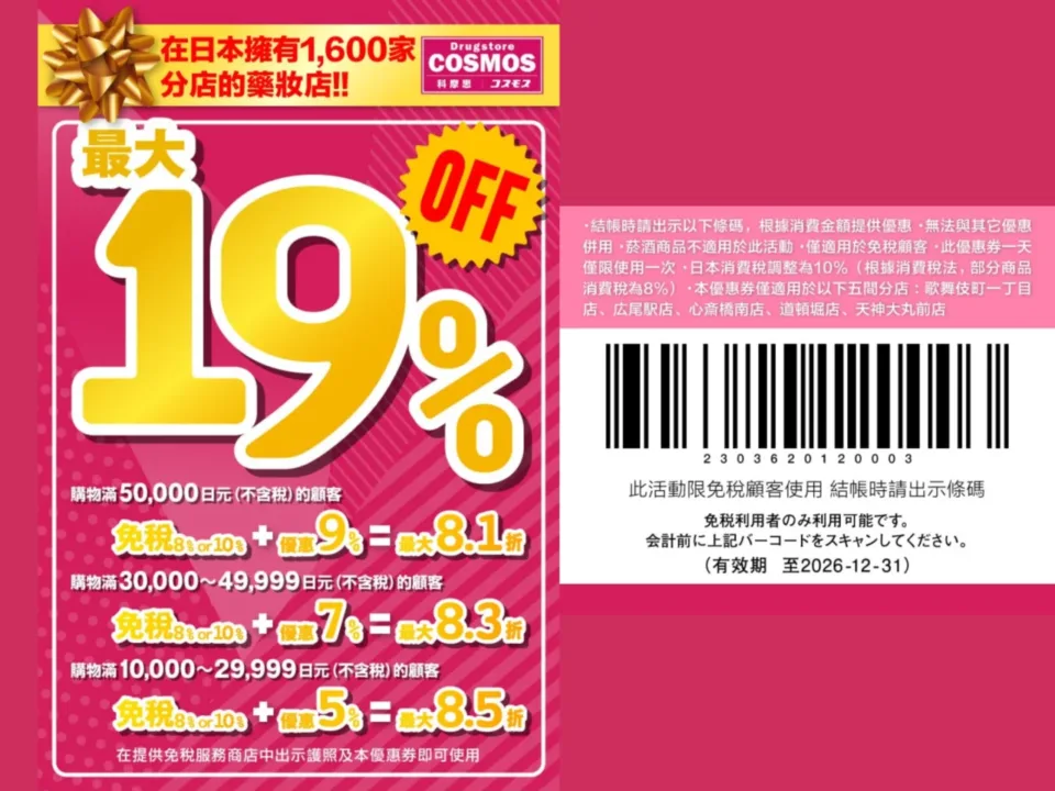 COSMOS 藥妝 5-9% 階梯折扣 + 10% 免稅最高 19% off 遊客優惠券