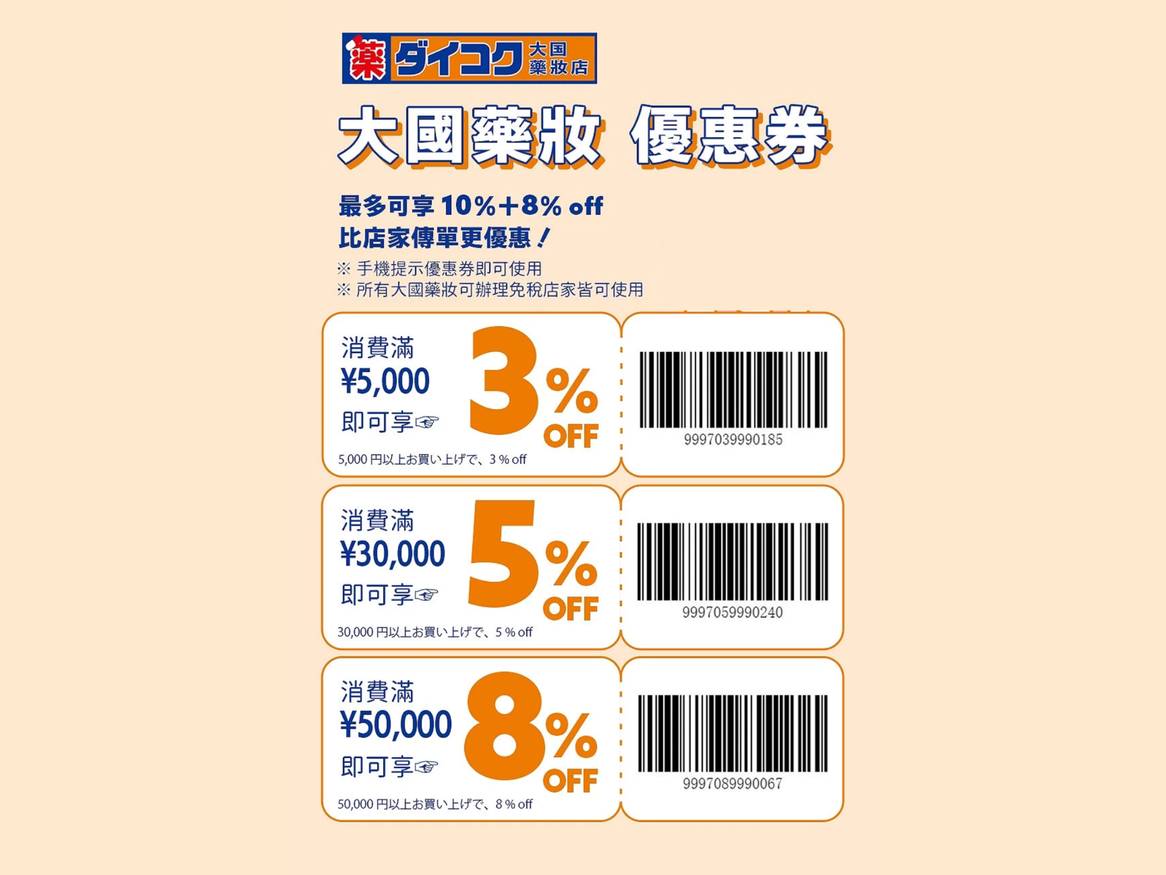 大國藥妝 ¥5,000 起 3-8% 階梯折扣 + 10% 免稅遊客優惠券
