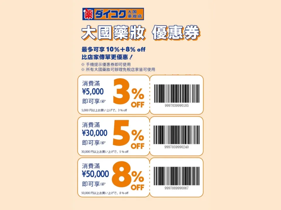 大國藥妝 ¥5,000 起 3-8% 階梯折扣 + 10% 免稅遊客優惠券
