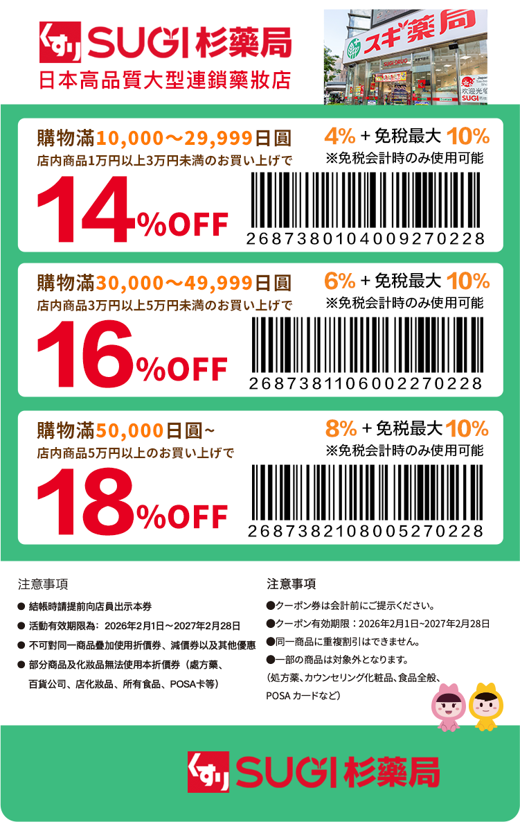 Sugi 藥局 4-8% 階梯折扣 + 10% 免稅遊客優惠券