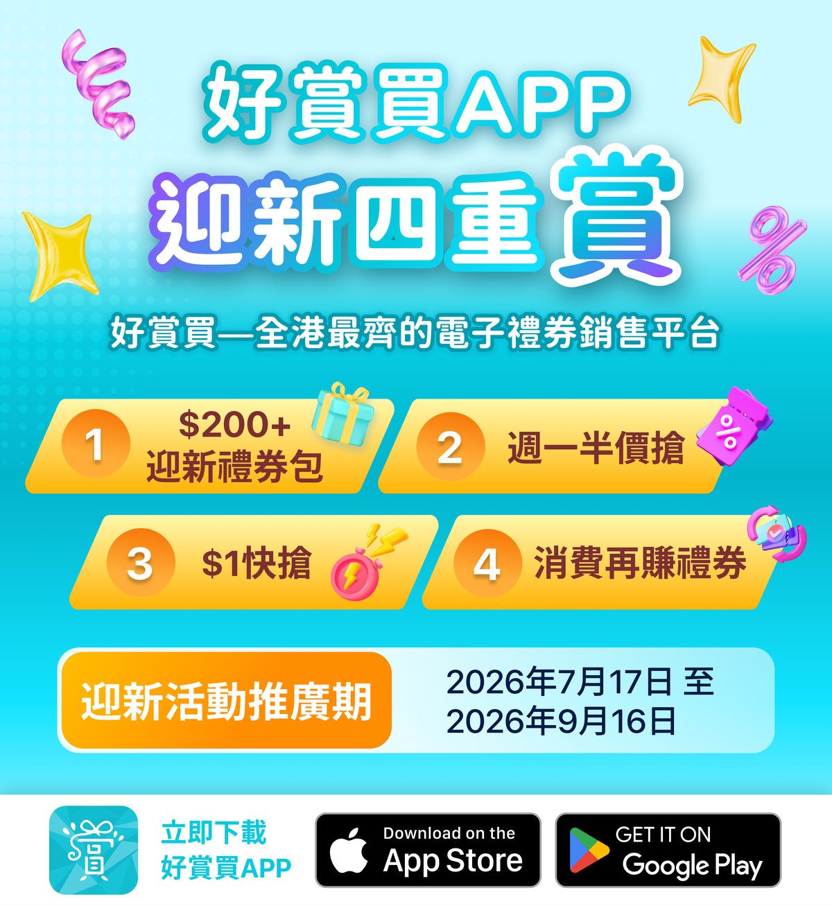 好賞買 App 迎新四重賞宣傳圖,推廣期 2026 年 7 月 17 日至 9 月 16 日