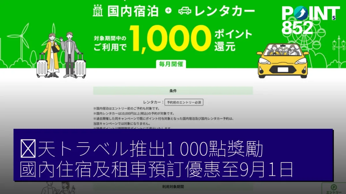 楽天トラベル推出1,000點獎勵,國內住宿及租車預訂優惠至9月1日 楽天トラベル推出1,000點獎勵,國內住宿及租車預訂優惠至9月1日
