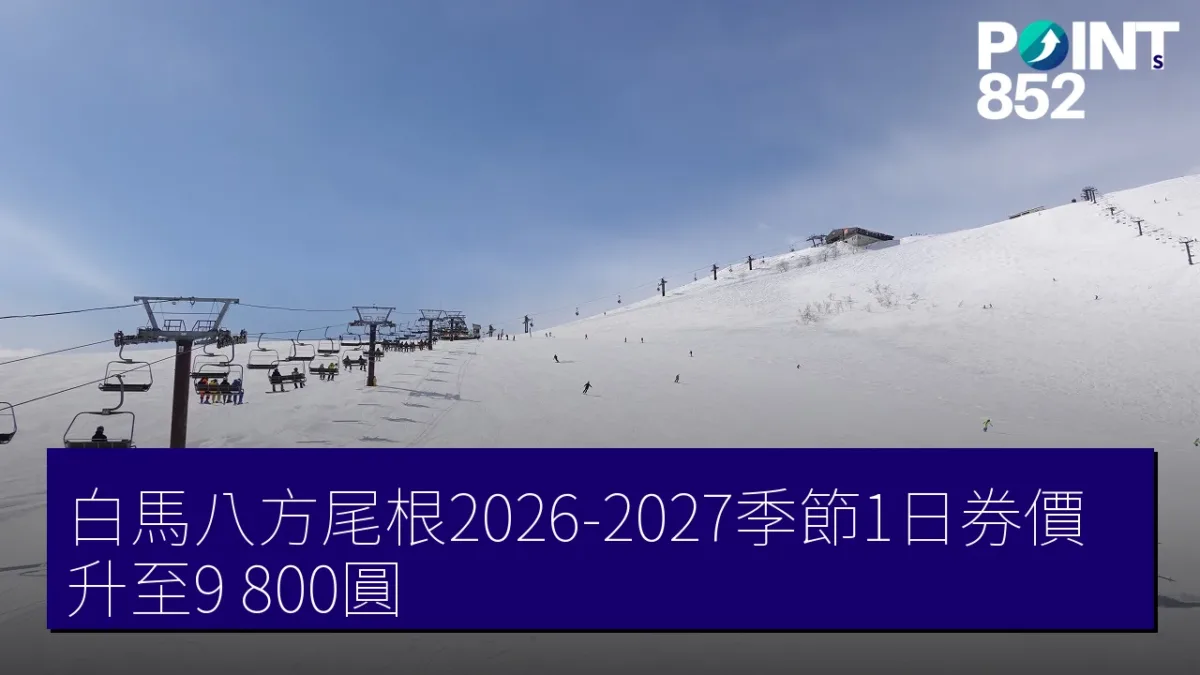 白馬八方尾根2026-2027季節1日券價升至9,800圓