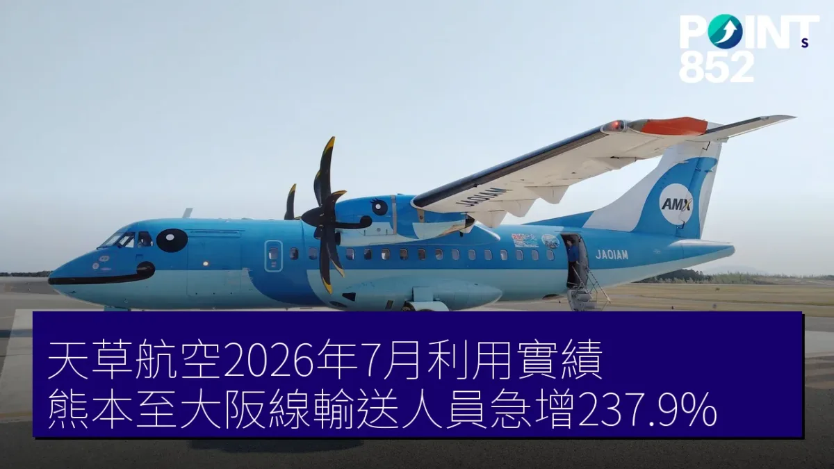 天草航空2026年7月利用實績 熊本至大阪線輸送人員急增237.9% 天草航空2026年7月利用實績 熊本至大阪線輸送人員急增237.9%